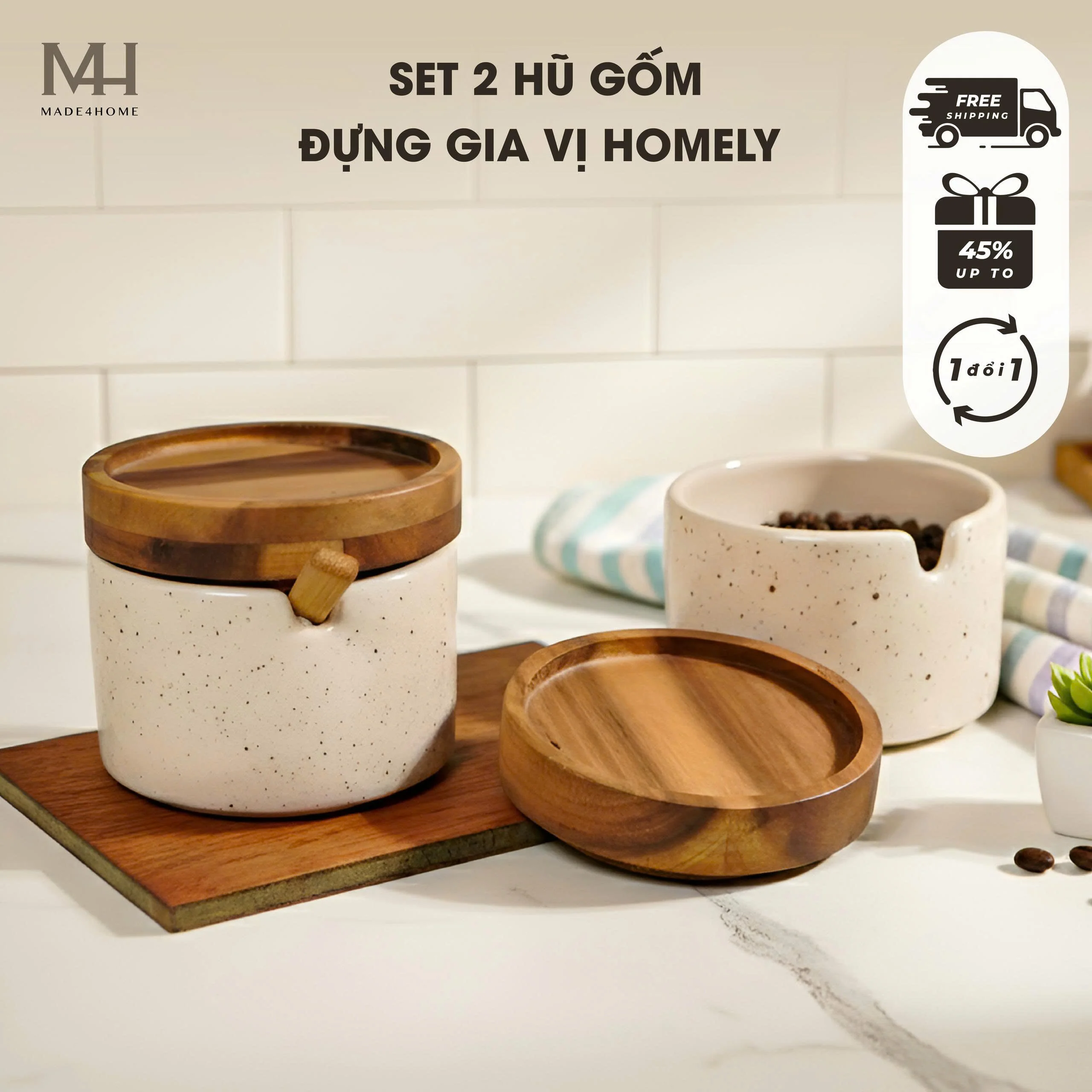 Hũ Đựng Gia Vị Homely Gốm Sứ Cao Cấp Nắp Gỗ tràm Không chì | Made4Home