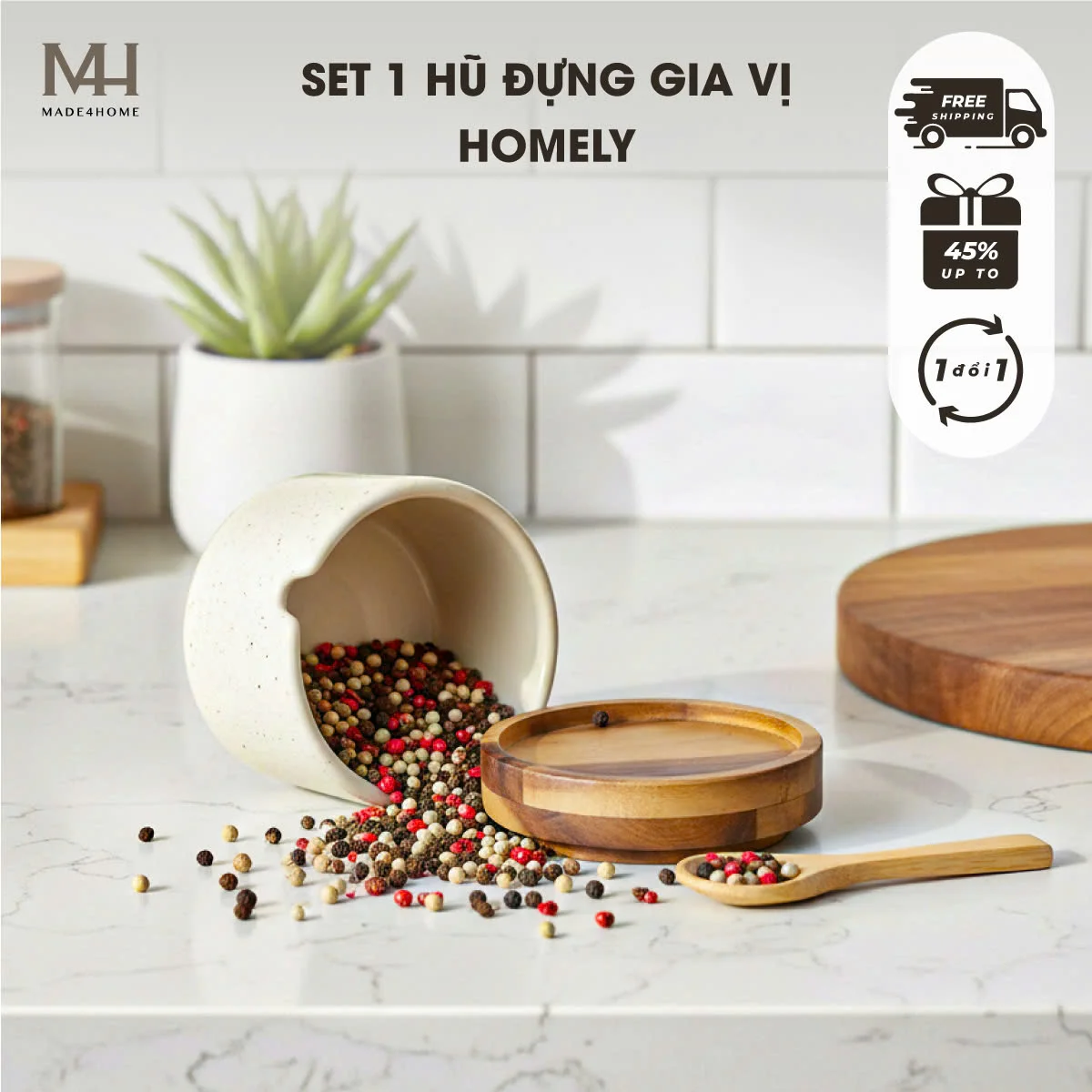 Hũ Đựng Gia Vị Homely Gốm Sứ Cao Cấp Nắp Gỗ tràm Không chì | Made4Home