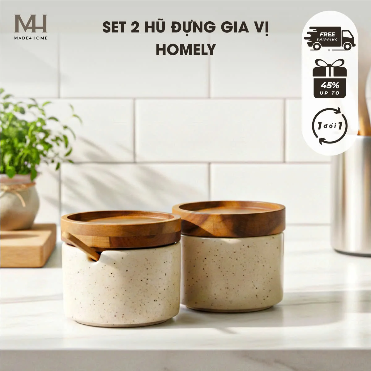 Hũ Đựng Gia Vị Homely Gốm Sứ Cao Cấp Nắp Gỗ tràm Không chì | Made4Home