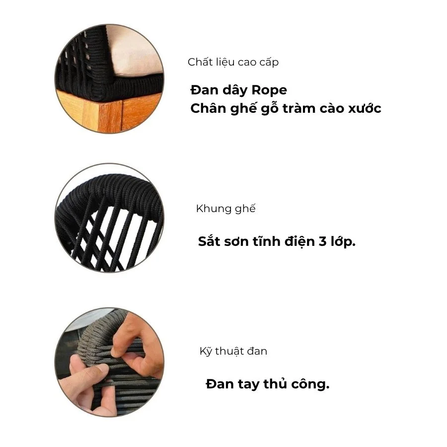 Ghế Rope Gỗ Tràm Cao Cấp Nordic – Ghế Cafe Ngoài Trời Chuẩn Xuất Khẩu