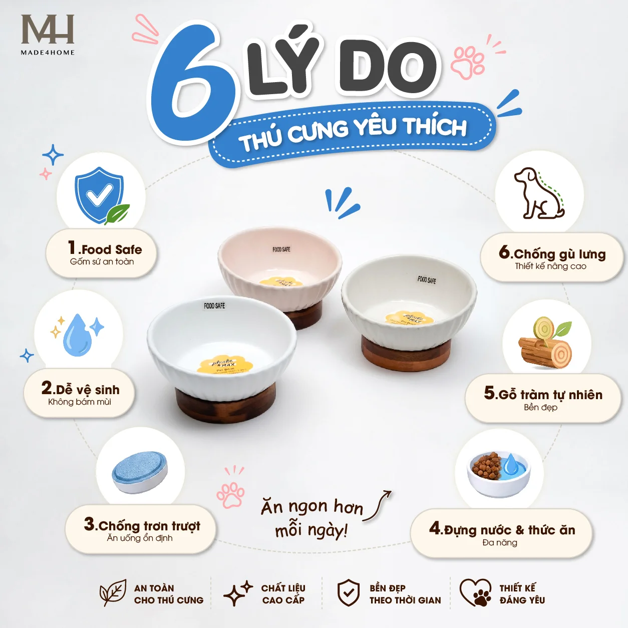 Chén Ăn Thú Cưng Gốm Sứ Kèm Đế Gỗ – Thiết Kế Nâng Cao, An Toàn Cho Chó Mèo 4 Chén Ăn Thú Cưng Gốm Sứ Kèm Đế Gỗ – Thiết Kế Nâng Cao, An Toàn Cho Chó Mèo